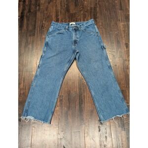 Blue Mountain Carpenter Jeans 34x27 Blue Denim Raw Hem Workwear Utility Straight